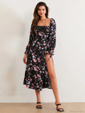 Elegant Floral Midi Puff Sleeve Square Neck Floral Dress