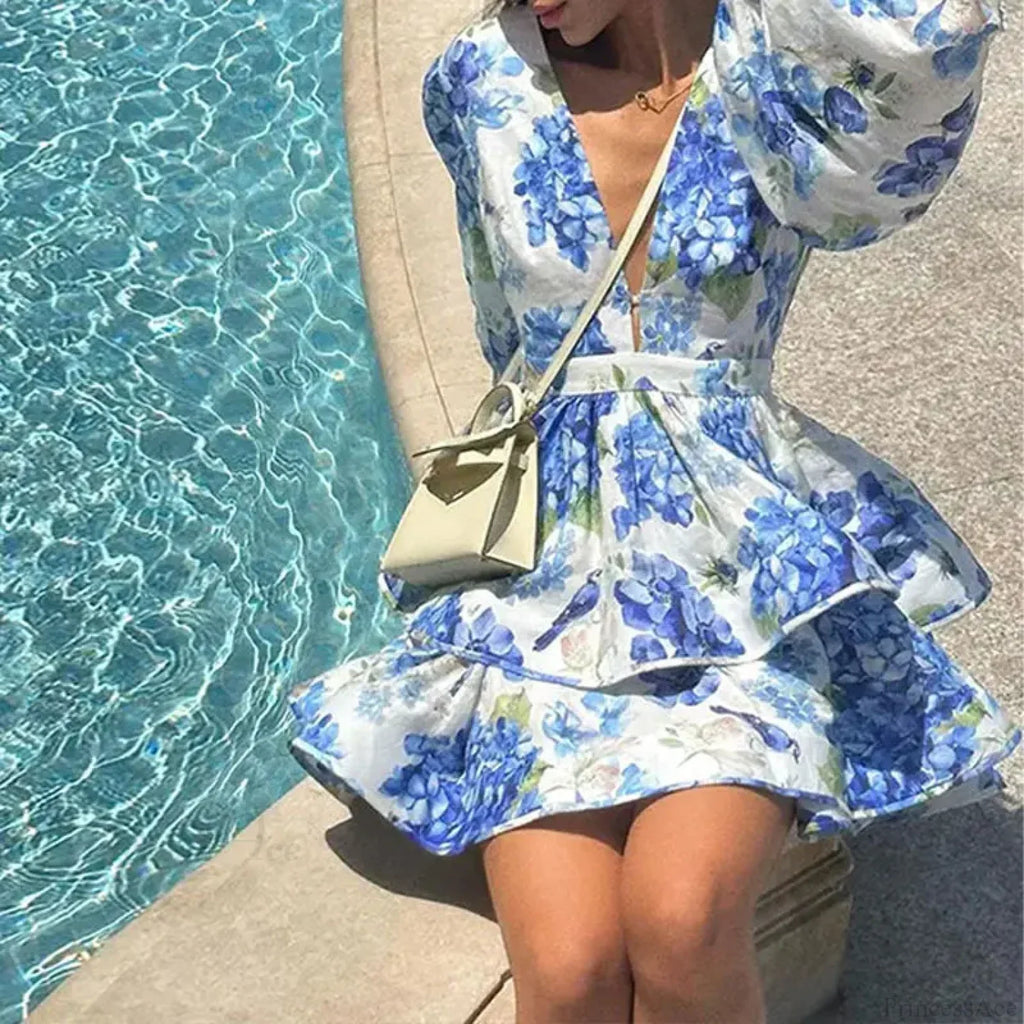 Elegant Floral Ruffle Layered Mini Evening Dress