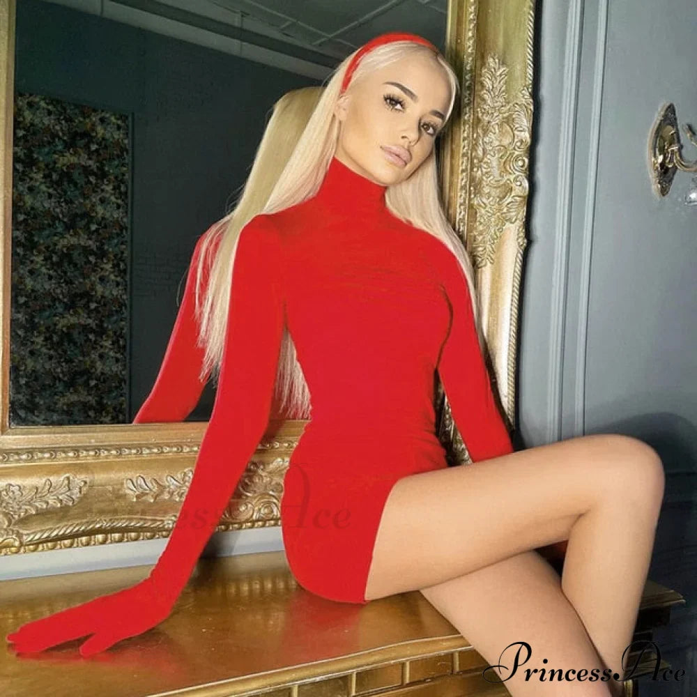 Elegant Red Long Sleeve Gloves Bodycon Dresses