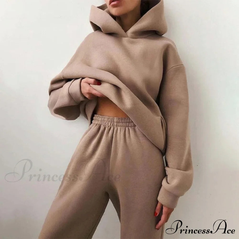 Elegant with Long Sweatshirt Women's Set and Hoodie Lace-Up Warm Pant Solid Detail