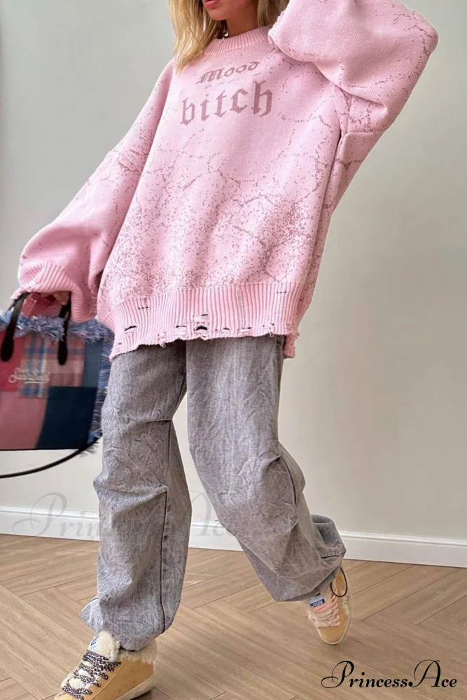 Embroidered Distressed Pullover Sweater