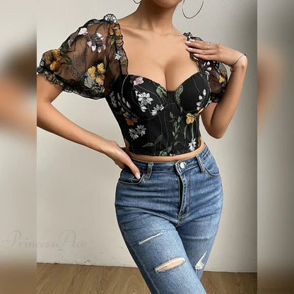 Embroidery Mesh Puff Sleeve Fishbone Corset Top