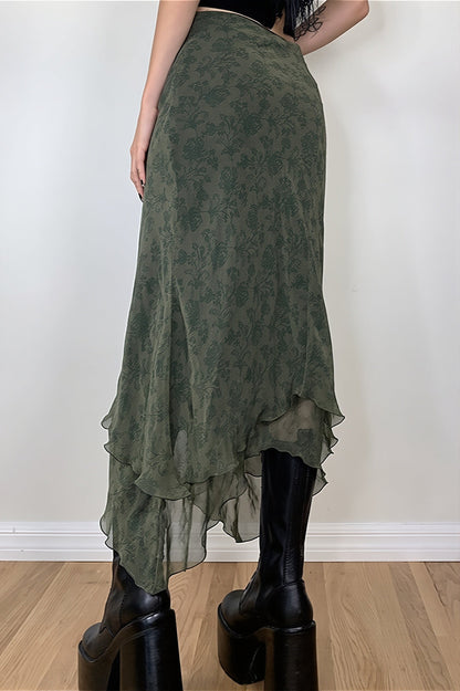 Floral Green Chiffon Irregular Maxi Skirt