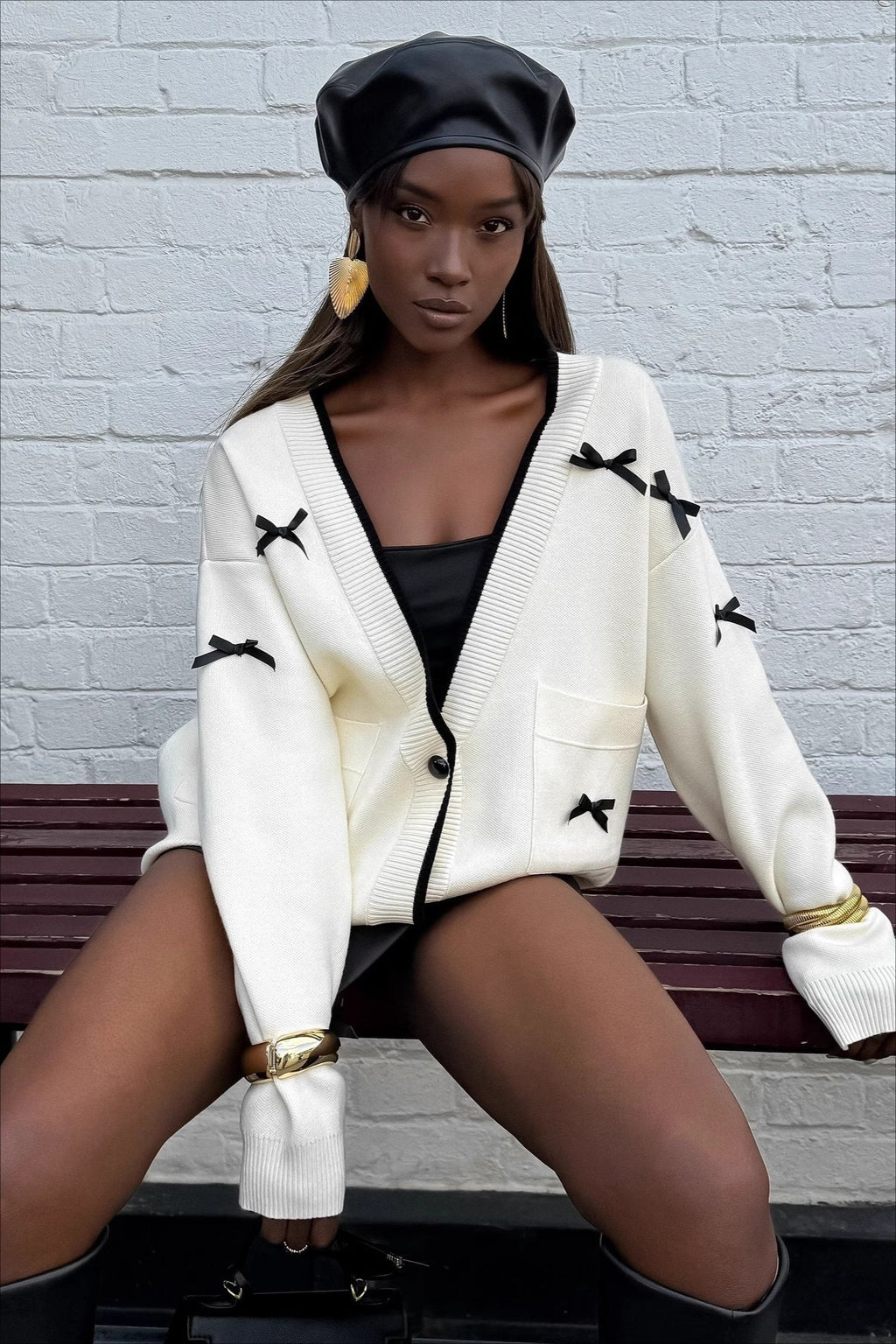V Neck Bow Color Block Long Sleeve Knit Cardigan