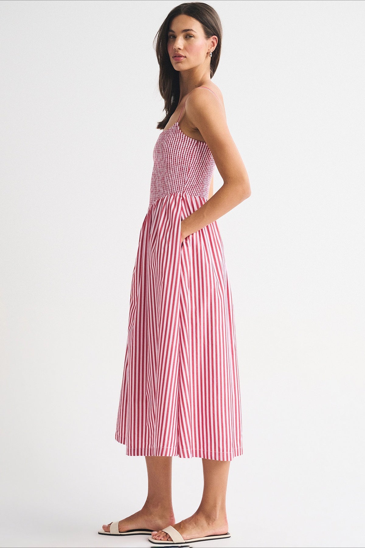 Striped Pocket A-Line Printed Midi Dress