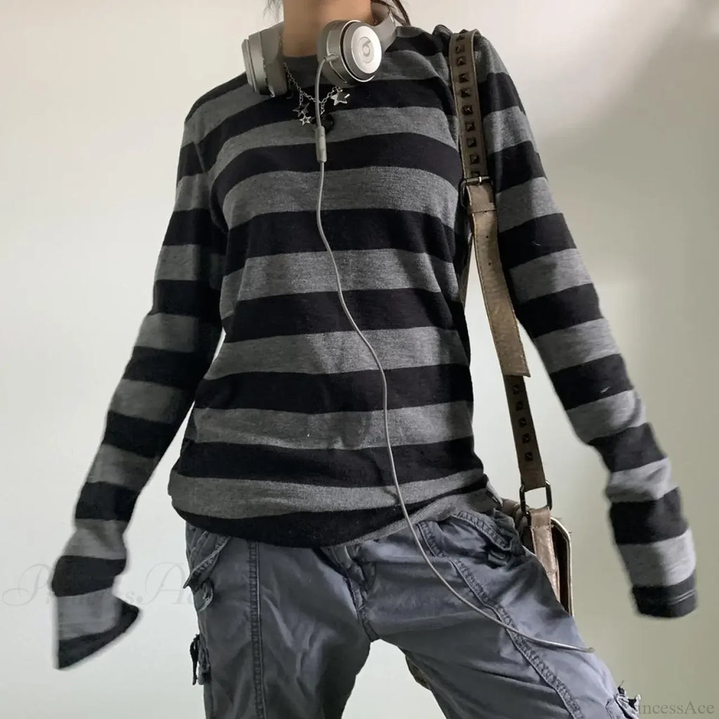 Fairy Grunge Knit Oversized Striped Long Sleeve Crewneck Knit Top