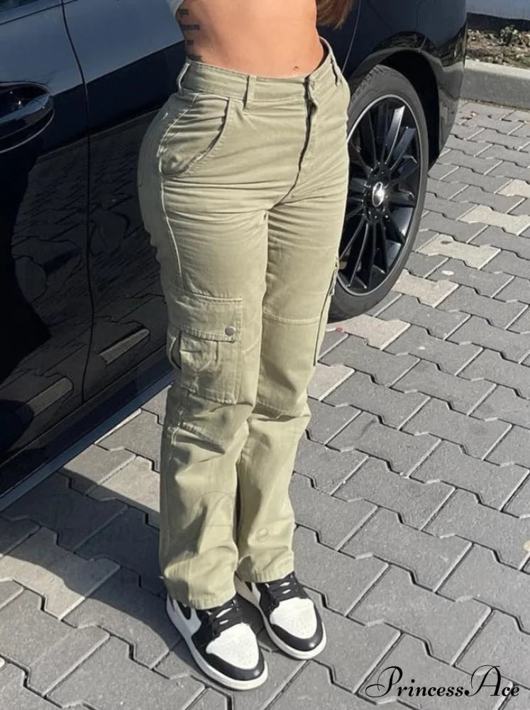 Fashion Baggy Cargo Big Pockets Pants Vintage Slim Y2k Women Waist Denim ArmyGreen High Khaki Streetwear Trousers