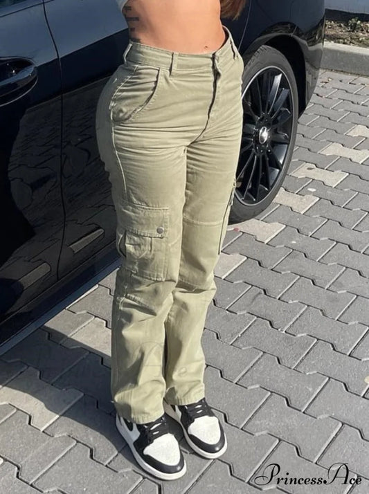 Fashion Baggy Cargo Big Pockets Pants Vintage Slim Y2k Women Waist Denim ArmyGreen High Khaki Streetwear Trousers