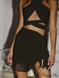 Color Tassels Irregular Hem Mini Skirt