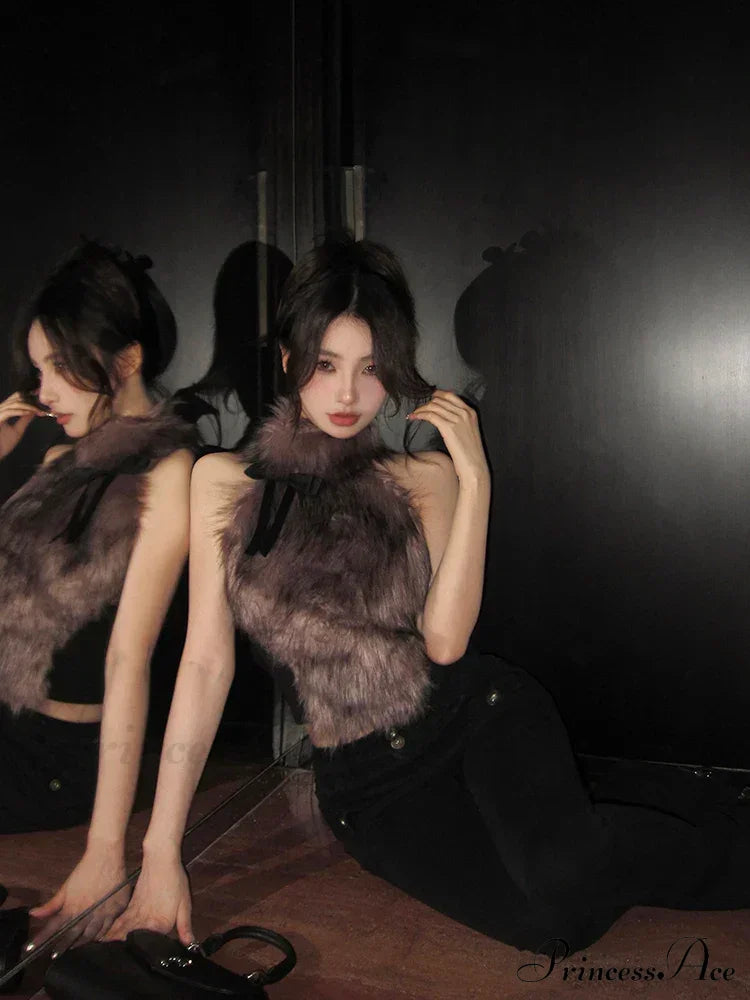 Faux Fur High Collar Sleeveless Trendy Camisole Tank Top with Bow