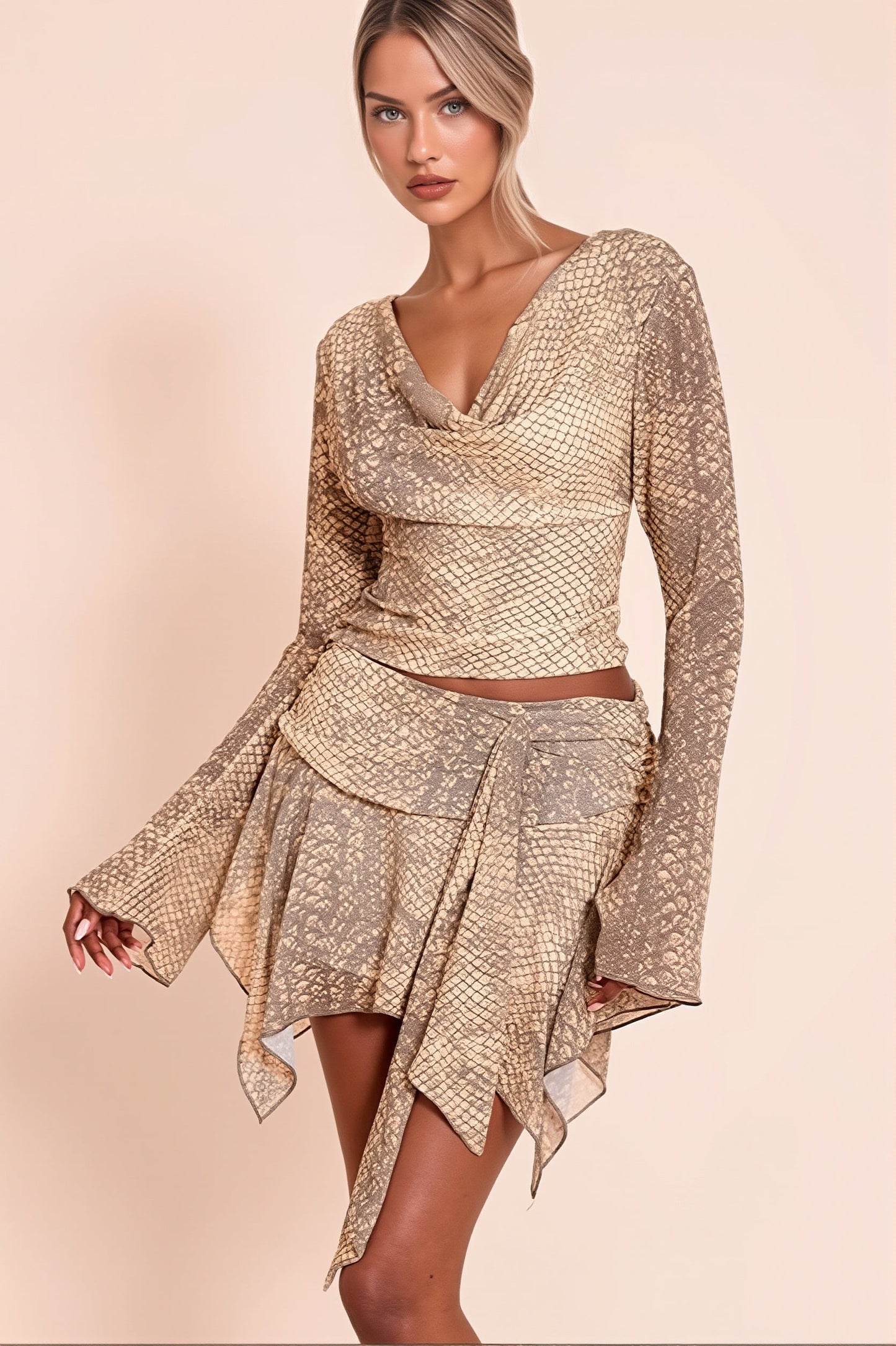 Flowy Snake Print Tie Detail Skirt Set