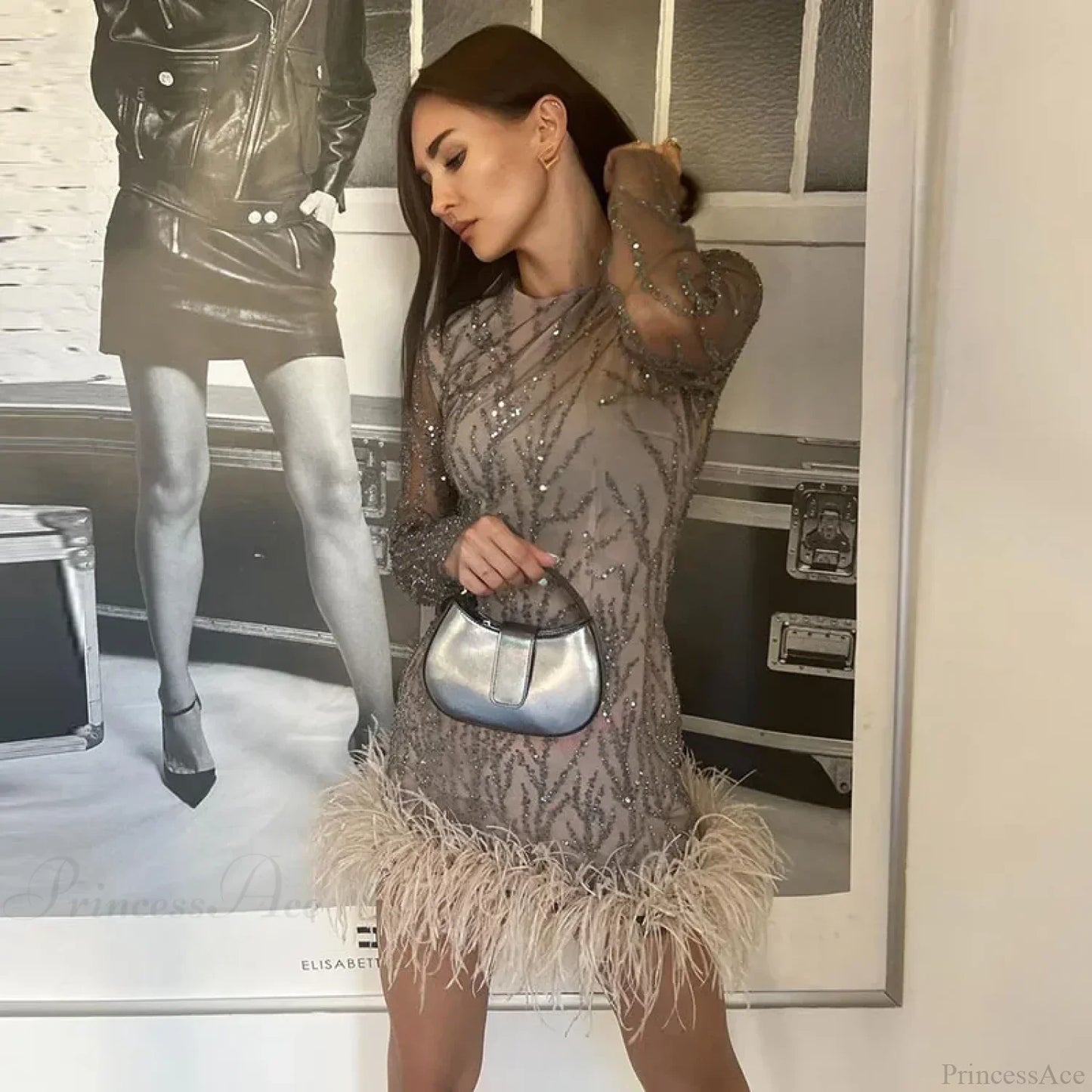 Feather Mesh Sheer Sleeve Party Dress