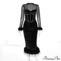 Feathered Retro Slim High Waisted Spliced Mesh Temperamental Female Midi Dress