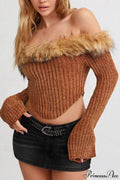 Fleece Collar Knit Off Shoulder Irregular Crop Top