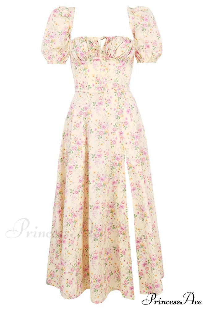 Floral Puff Sleeve Charming Boho Midi Dress