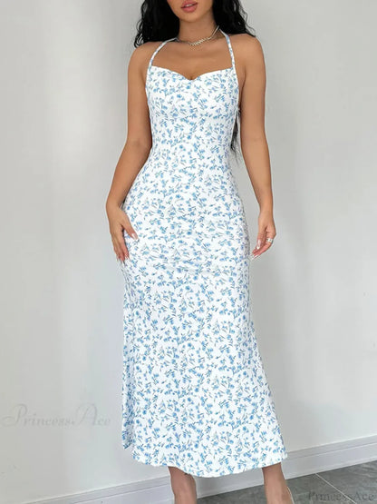 Floral Tied Backless Halter Split Floral Dress