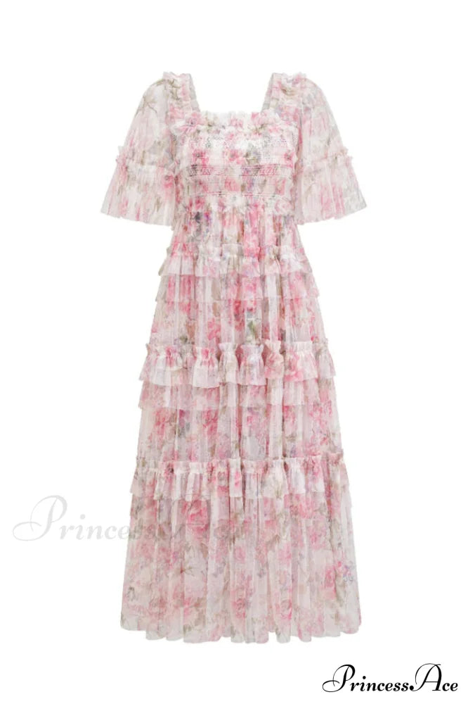 Floral Tulle Ruffle Charming Layered Maxi Dress