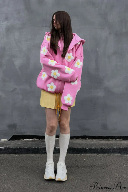 Flower Applique Loose Zip Hoodie