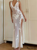 Flowers for Women Sexy Sleeveless Strap High Split Backless Mesh See Through Vestidos Party Clubwear