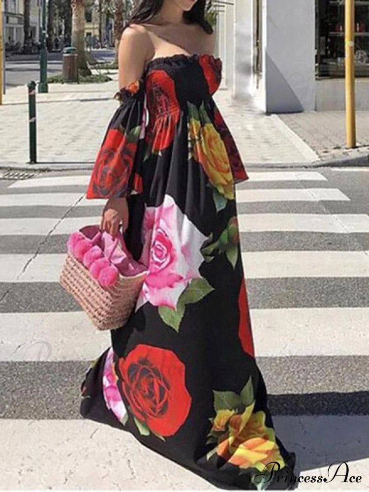 Full-Length Shoulder Flowered Warm-Season Off Dress