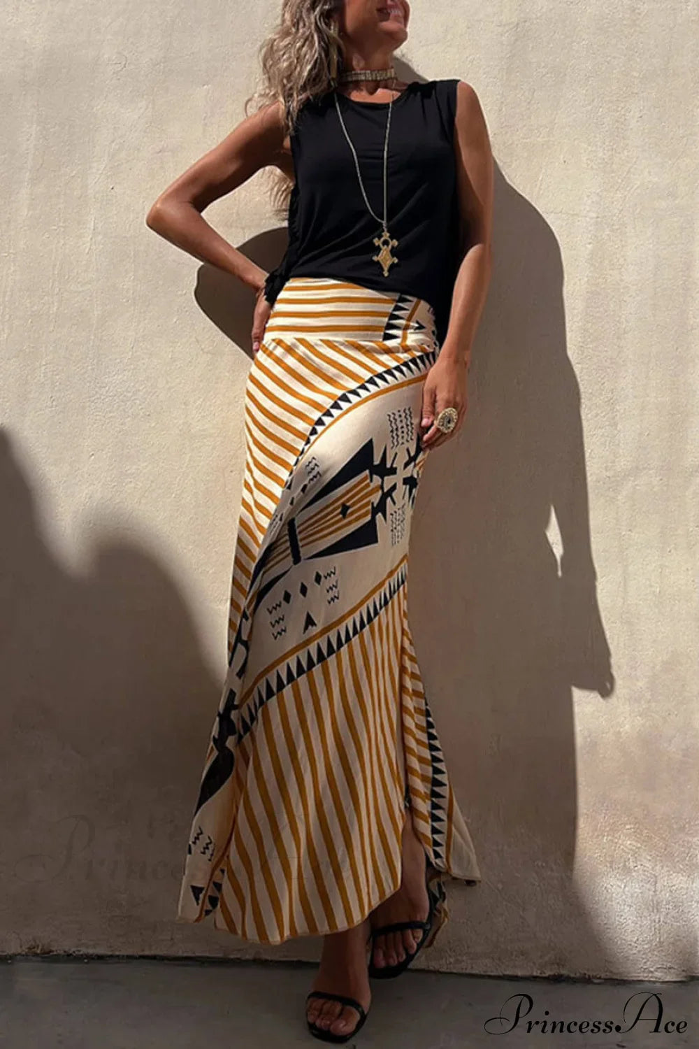 Geometric Print Elastic Charming Waist Maxi Skirt