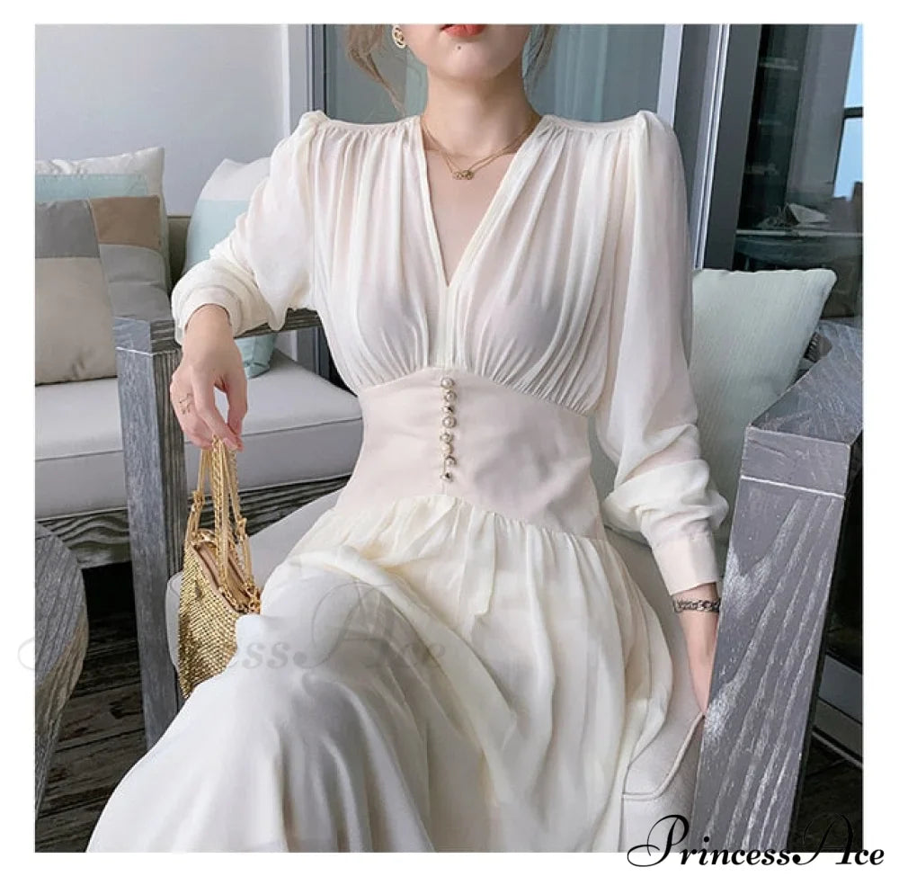 Gown Midi Elegant Arm Long Solid V-Neck for Women