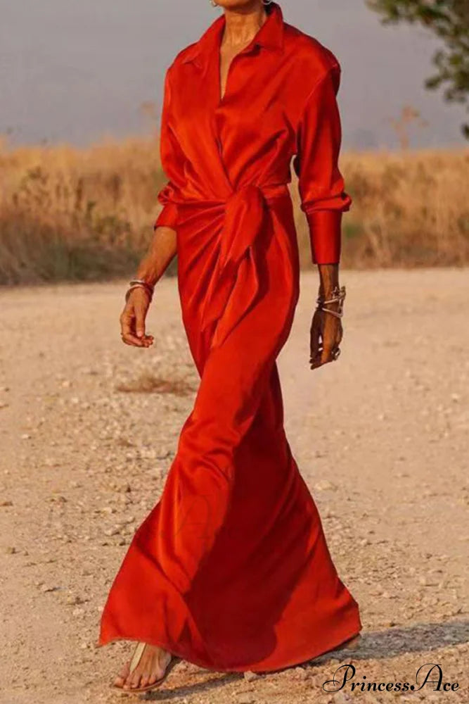 Gown Patchwork Blouse Bandage with Turndown Casual Solid Collar