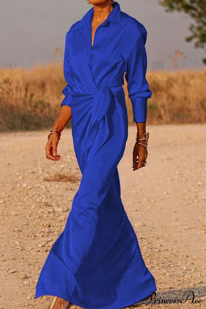 Gown Patchwork Blouse Bandage with Turndown Casual Solid Collar