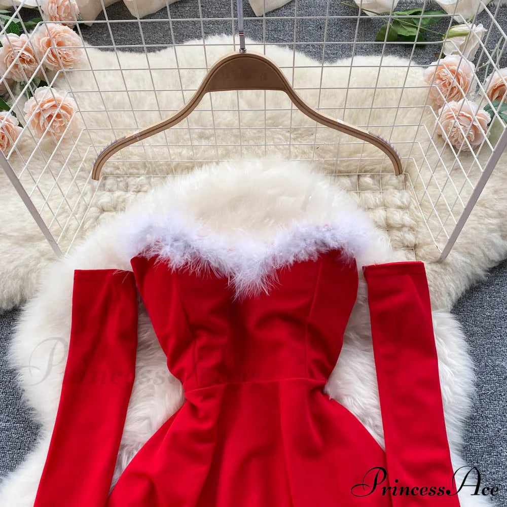 Gown Red for Backless Furry Strapless Elegant - Women Party New Year/Christmas/Femme