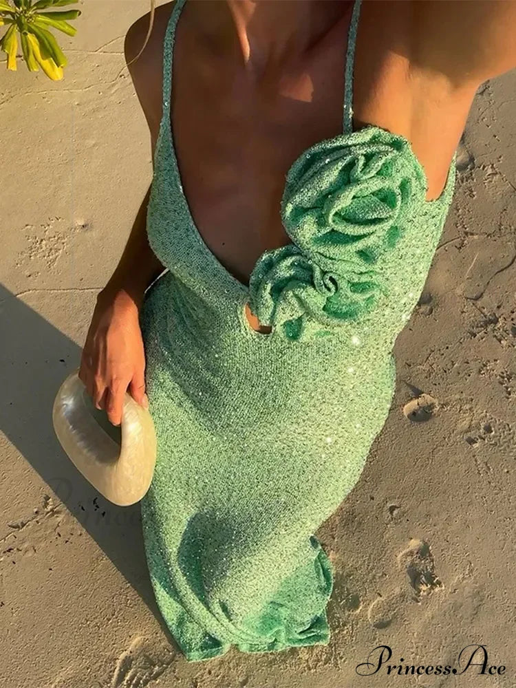 Green 3D Flower Charming Sequin Cami Maxi Dress