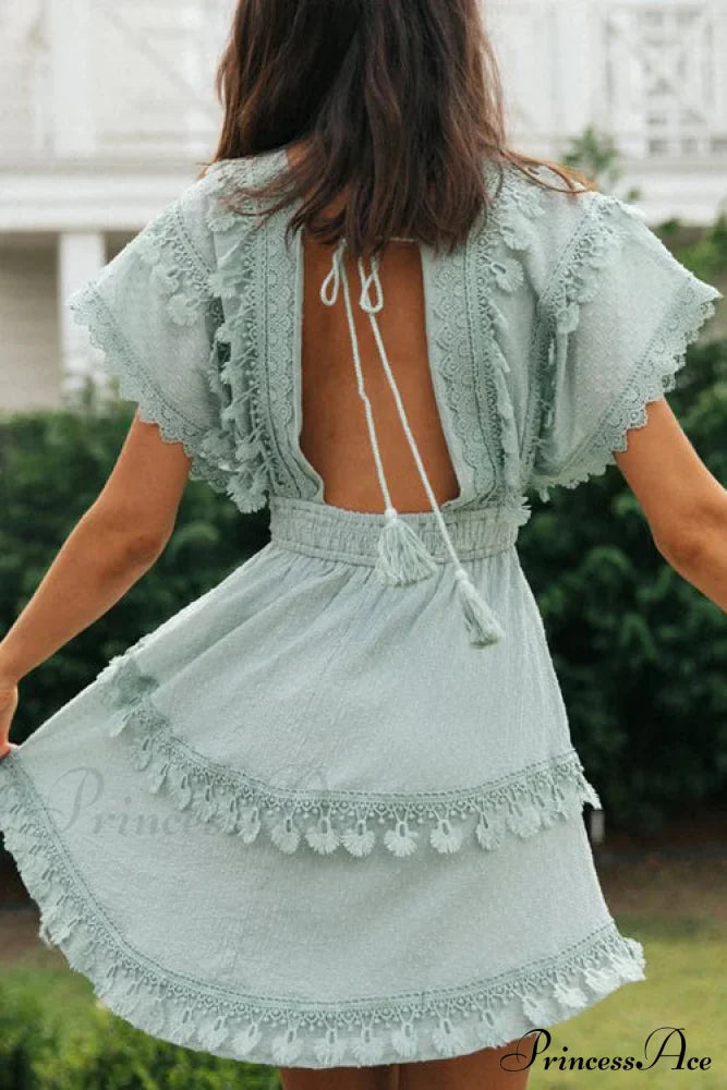 Green Lace Batwing Sleeve Backless Dress for Summer Casual Wear