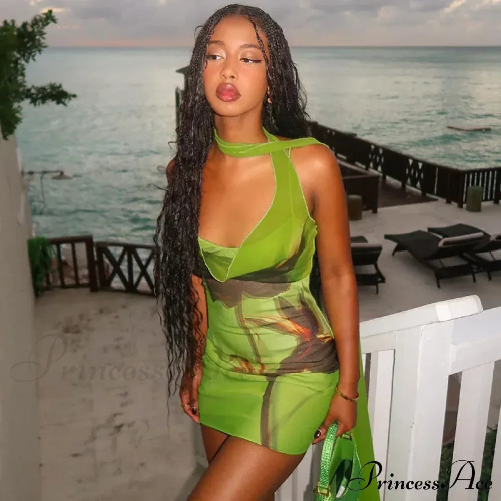 Green Mesh Printed Charming Draped Mini Dress