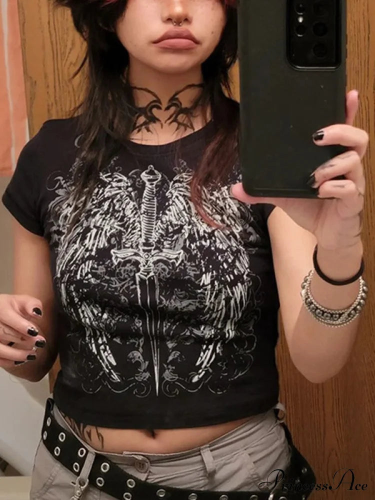Grunge Wing Print Trendy Ribbed Knit Crop Top