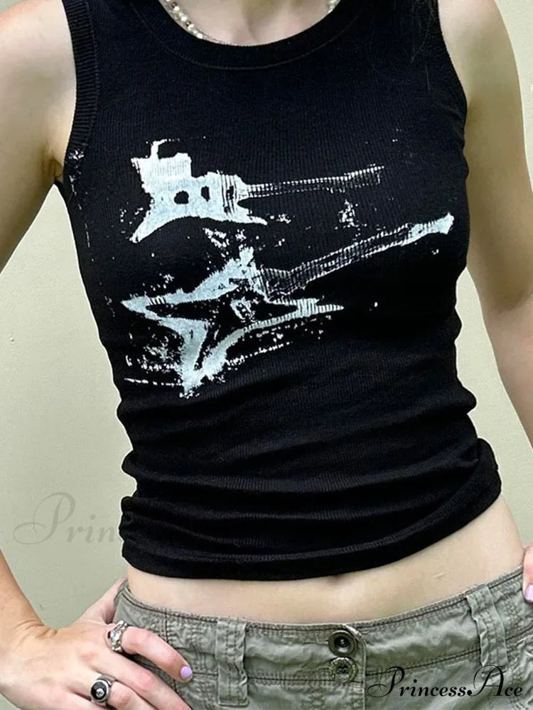 Guitar Print Sleeveless Y2K Casual Ribbed Women Crop Harajuku Fashion Vest 90s Street Outfits Tank top