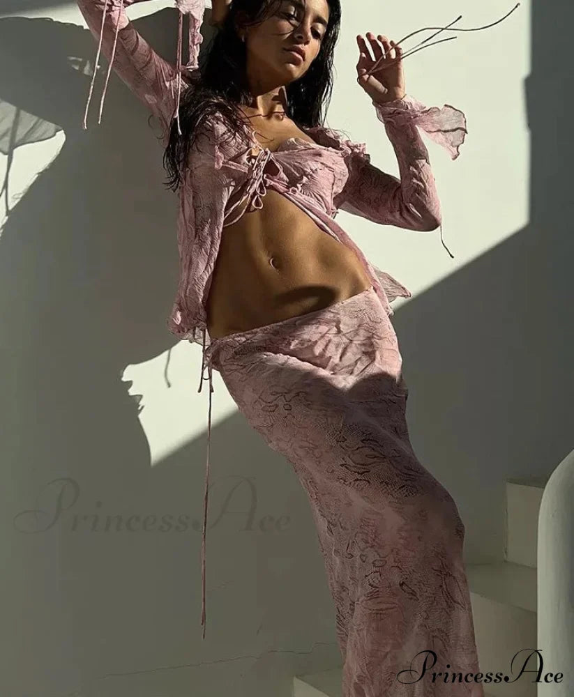 Sheer Lace-Up Print Two Stylish Piece Set