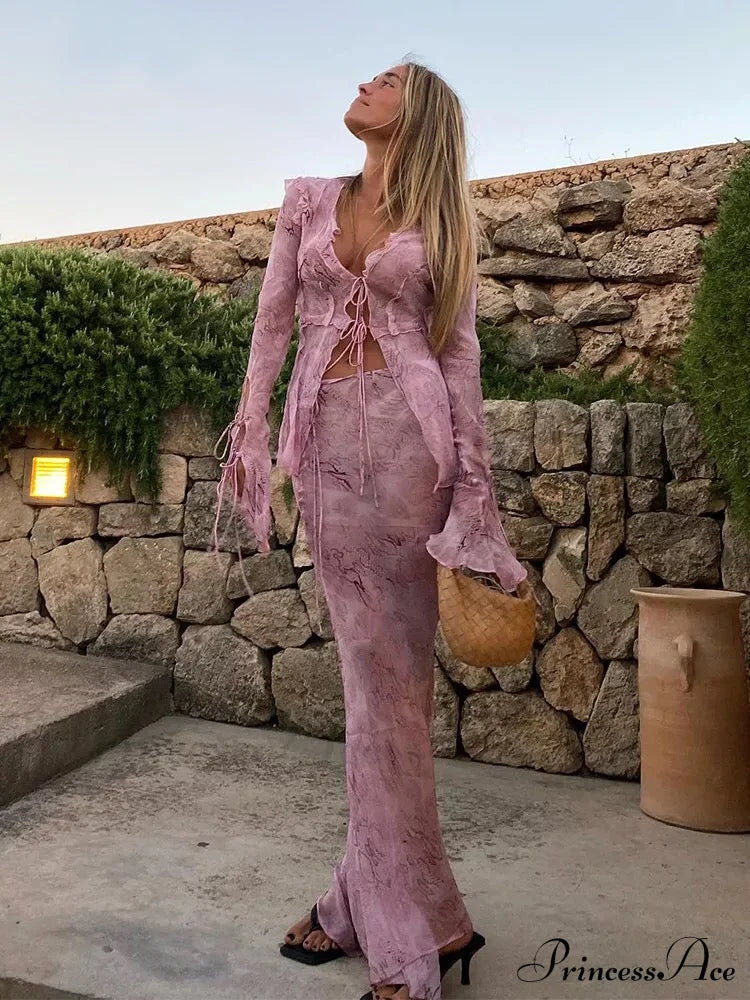 Sheer Lace-Up Print Two Stylish Piece Set
