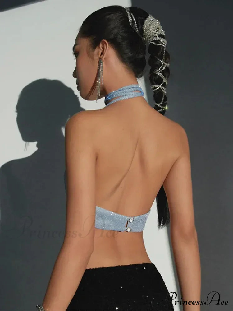 Halter Glitter Summer Outfits Blue Silk Camis Ruched Crop Backless Vests Sexys Cropped Clothes Tank top