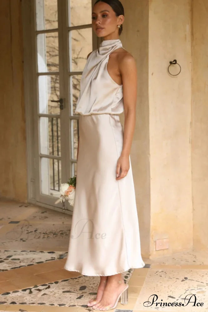 Halter Sleeveless Satin Bridesmaid Dress