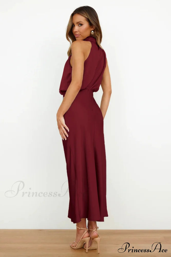 Halter Sleeveless Satin Bridesmaid Dress
