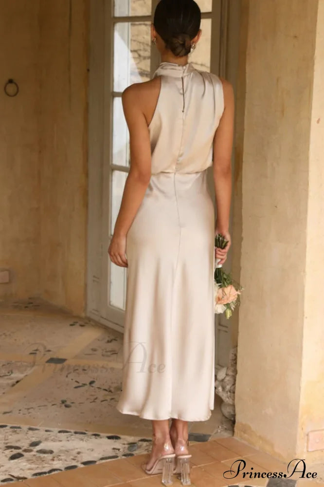 Halter Sleeveless Satin Bridesmaid Dress