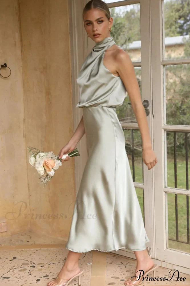 Halter Sleeveless Satin Bridesmaid Dress
