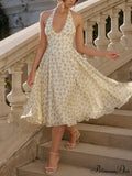 Halterneck Deep V Charming Floral Backless Midi Dress