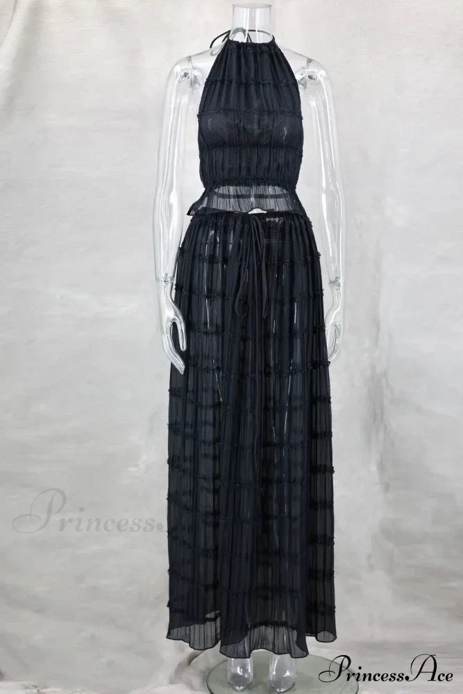 Halterneck Ruched Open Back Tie Trendy Up Top And Maxi Skirt Set
