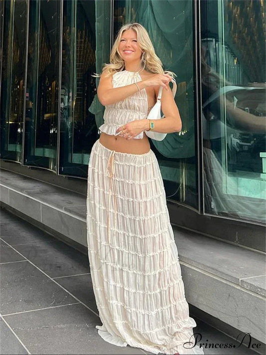 Halterneck Ruched Open Back Tie Trendy Up Top And Maxi Skirt Set