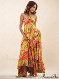 Hanging Neck Printed Floral Graceful Design Backless Straight Maxi Dress