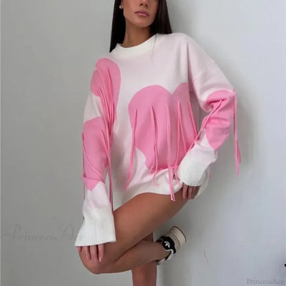 Heart Print O-neck Long Sleeve Sweater