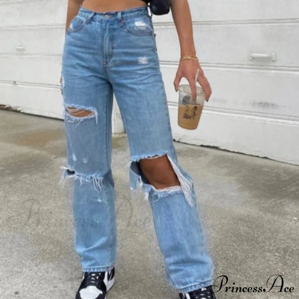 High Straight Leg Baggy Streetwear Waist Pants High Jeans Ripped Boyfriend Women Trousers