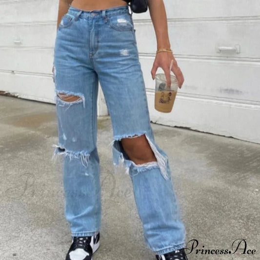 High Straight Leg Baggy Streetwear Waist Pants High Jeans Ripped Boyfriend Women Trousers