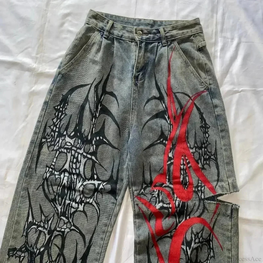 High-Street Printed Wide-Leg Denim Pants