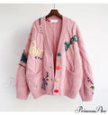 Jacket Loose Pocket Embroidery Fashion Knit Cardigan
